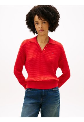 Saco Rojo Tejido Amplio Tipo Polo De Punto Trenzado Tommy Hilfiger