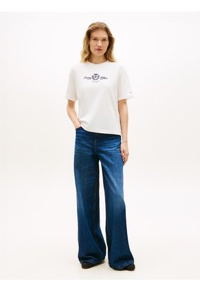 Camiseta Blanca Amplia Con Logo Y Escudo Bordado Tommy Hilfiger