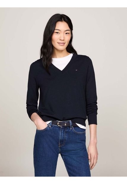 Suéter Azul De Cuello V Con Logo Tommy Hilfiger