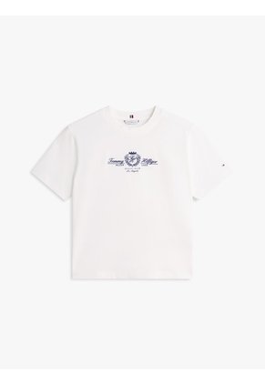 Camiseta Blanca Amplia Con Logo Y Escudo Bordado Tommy Hilfiger