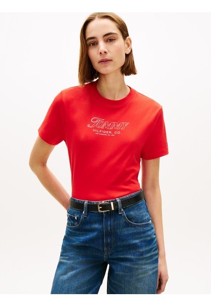 Camiseta Roja De Punto Interlock Con Logo Tommy Hilfiger