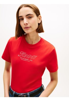 Camiseta Roja De Punto Interlock Con Logo Tommy Hilfiger