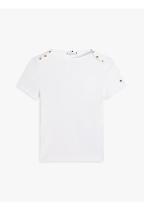 Camiseta Blanca Slim De Cuello Barco Con Botones Tommy Hilfiger