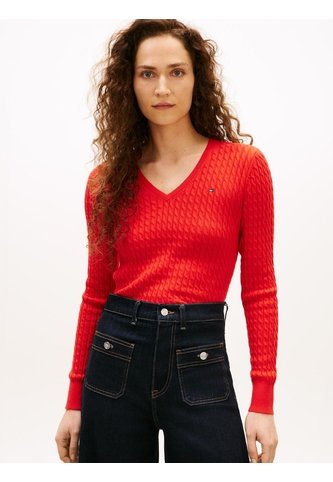 Saco Rojo De Punto Trenzado Con Cuello En V Tommy Hilfiger Tommy Hilfiger