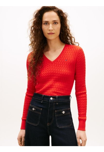 Saco Rojo De Punto Trenzado Con Cuello En V Tommy Hilfiger