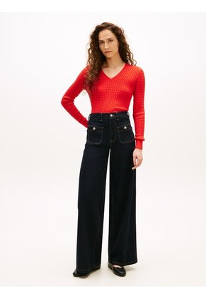 Saco Rojo De Punto Trenzado Con Cuello En V Tommy Hilfiger