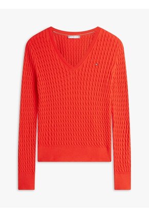 Saco Rojo De Punto Trenzado Con Cuello En V Tommy Hilfiger