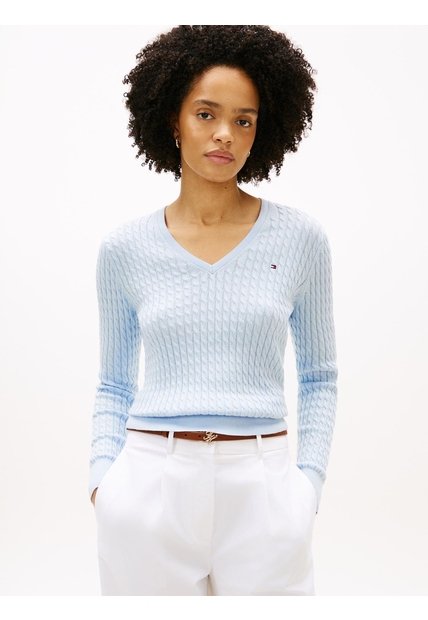Saco Celeste De Punto Trenzado Con Cuello En V Tommy Hilfiger