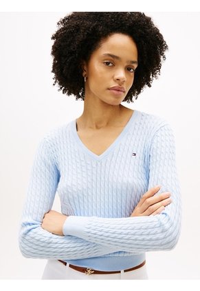 Saco Celeste De Punto Trenzado Con Cuello En V Tommy Hilfiger