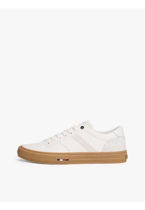 Tenis Blanco De Cuero Con Mezcla De Texturas Tommy Hilfiger