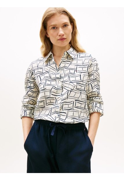Camisa Blanca De Lino Puro De Corte Amplio Tommy Hilfiger