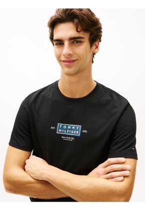 Camiseta Negra De Punto Con Cuello Redondo Y Logo Tommy Hilfiger