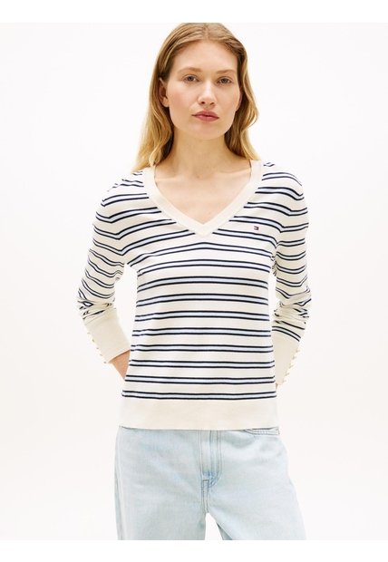Saco Beige De Punto Con Cuello En V Tommy Hilfiger
