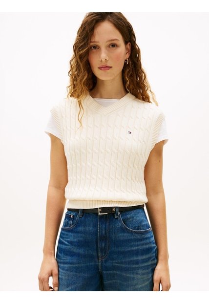 Chaleco Blanco De Punto Trenzado Con Cuello En V Tommy Hilfiger