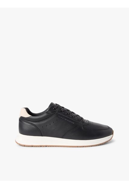 Tenis Negro De Cuero Con Logo En Bajo Relieve Tommy Hilfiger