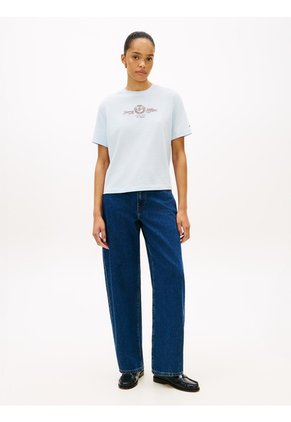 Camiseta Azul Amplia Con Logo Y Escudo Bordado Tommy Hilfiger