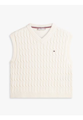 Chaleco Blanco De Punto Trenzado Con Cuello En V Tommy Hilfiger