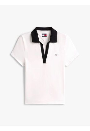 Polo Blanco Con Cuello En V Y Detalles Contrastantes. Tommy Jeans