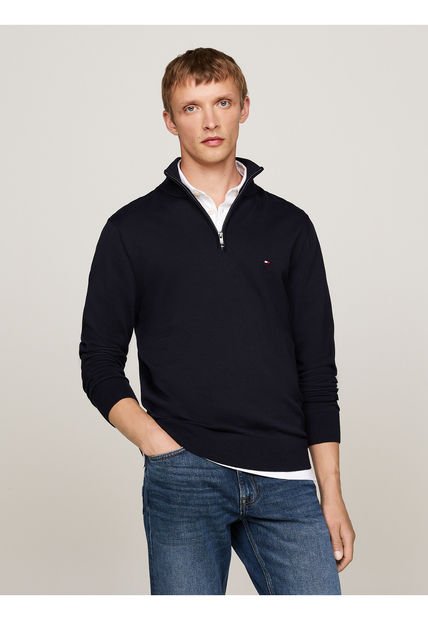 Saco Azul Tejido Con Cuello Perkins Y Cremallera Tommy Hilfiger
