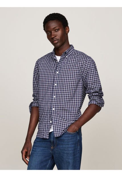 Camisa Azul De Cuadros Escoceses En Popelín Tommy Hilfiger