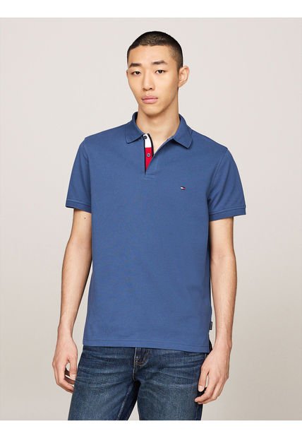 Polo Azul Con Tapeta Ribeteada Y Logo Bordado Tommy Hilfiger