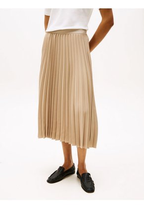 Falda Beige Midi Plisada Con Logo En Cintura Tommy Hilfiger