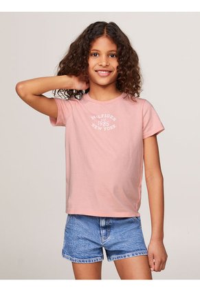 Camiseta Niña Rosada Corte Slim Con Logo Aterciopelado Tommy Hilfiger