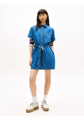 Minivestido Azul Camisero De Chambray Con Cinturón Tommy Jeans Tommy Hilfiger