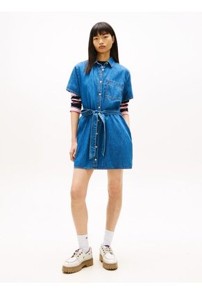 Minivestido Azul Camisero De Chambray Con Cinturón Tommy Jeans