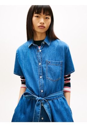 Minivestido Azul Camisero De Chambray Con Cinturón Tommy Jeans