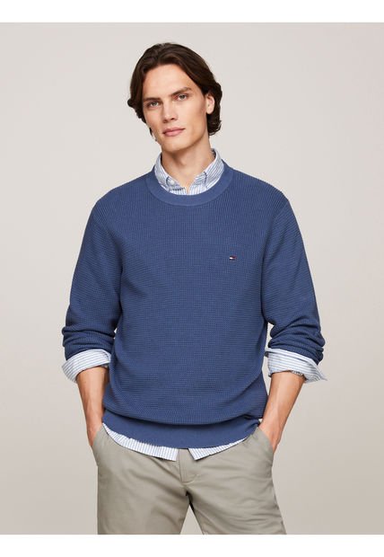 Saco Azul Tejido De Punto Gofrado Con Cuello Redondo Tommy Hilfiger