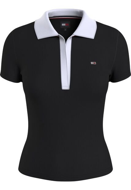 Polo Negro Con Cuello En V Y Detalles Contrastantes. Tommy Jeans