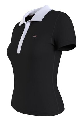 Polo Negro Con Cuello En V Y Detalles Contrastantes. Tommy Jeans