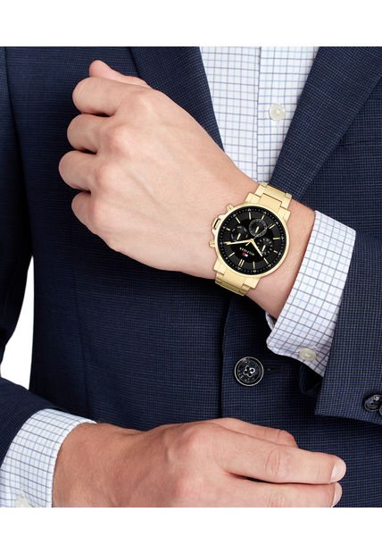 Reloj Negro Para Hombre Con Pulsera De Eslabones Dorada Tommy Hilfiger