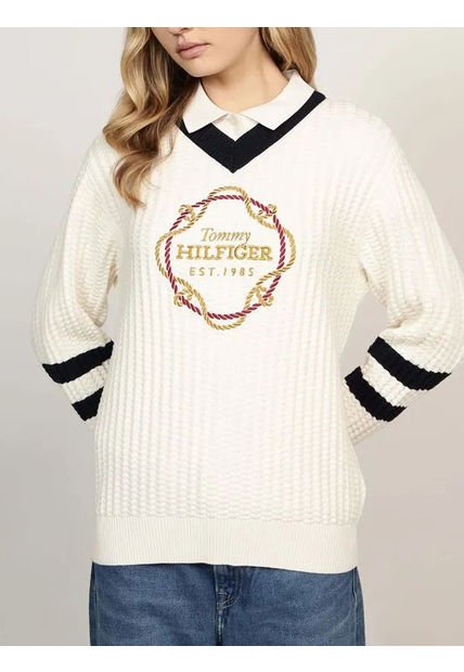 Saco Blanco Tejido De Cuello V Con Logo Gráfico Tommy Hilfiger