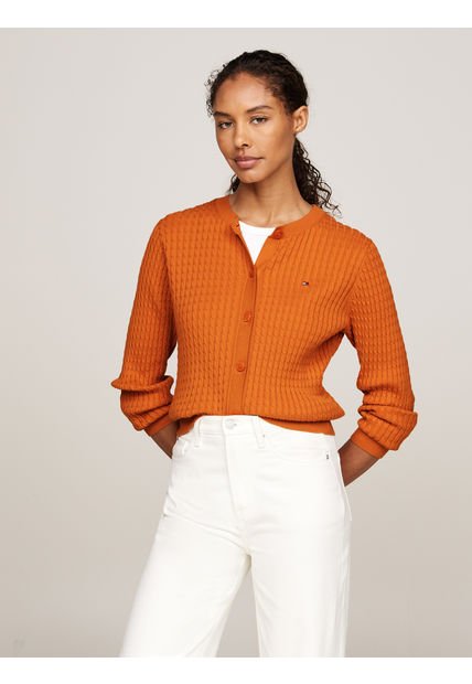 Cárdigan Naranja De Punto Trenzado Con Cuello Redondo Tommy Hilfiger