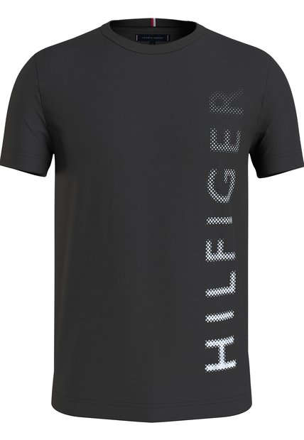 Camiseta Negra De Cuello Redondo Con Logo Estampado Vertical Tommy Hilfiger