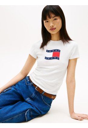 Camiseta Blanca De Punto Slim Con Logo Ondulante Tommy Jeans