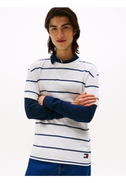 Camiseta Blanca De Rayas Y Cuello Redondo Tommy Jeans