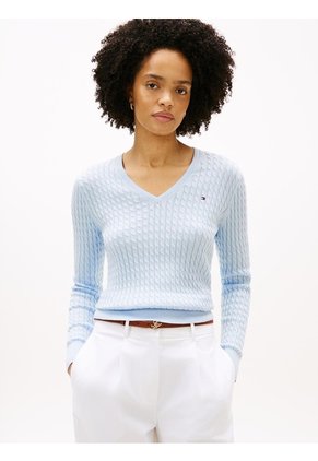 Saco Celeste De Punto Trenzado Con Cuello En V Tommy Hilfiger