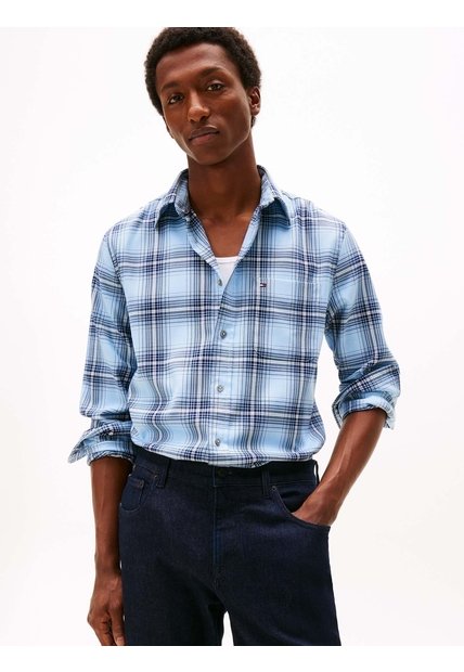 Camisa Azul Claro Regular De Sarga Con Cuadros Tommy Hilfiger