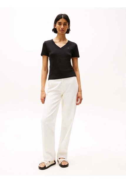 Camiseta Negra De Rayas Con Cuello En V Tommy Hilfiger