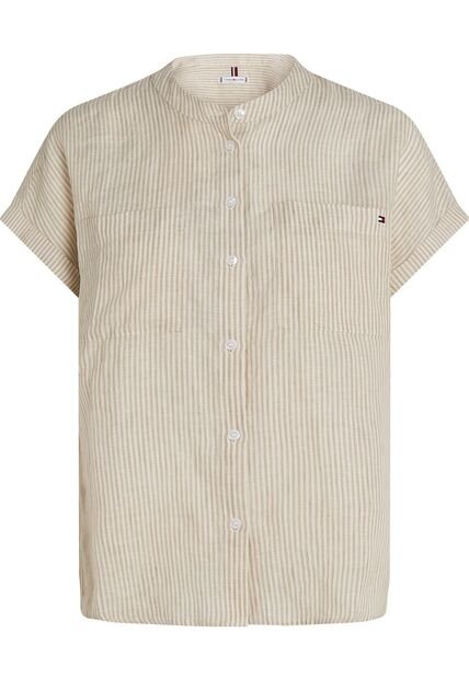 Blusa Beige Amplia De Manga Corta En Lino Tommy Hilfiger