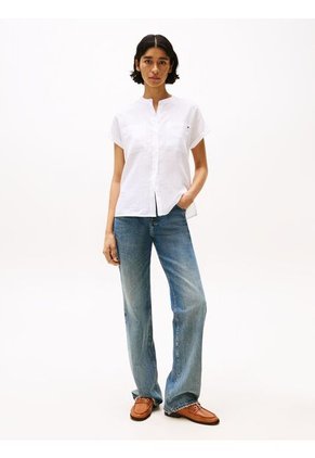 Blusa Blanca Amplia De Manga Corta En Lino Tommy Hilfiger