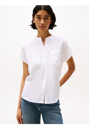 Blusa Blanca Amplia De Manga Corta En Lino Tommy Hilfiger