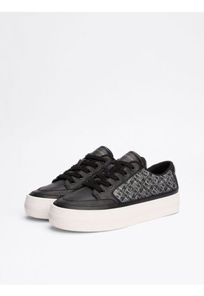 Tenis Negro De Cuero Con Monogramas TH Tommy Hilfiger