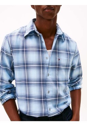 Camisa Azul Claro Regular De Sarga Con Cuadros Tommy Hilfiger