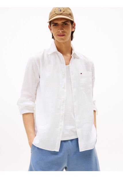 Camisa Blanca De Puro Lino De Corte Regular Tommy Hilfiger