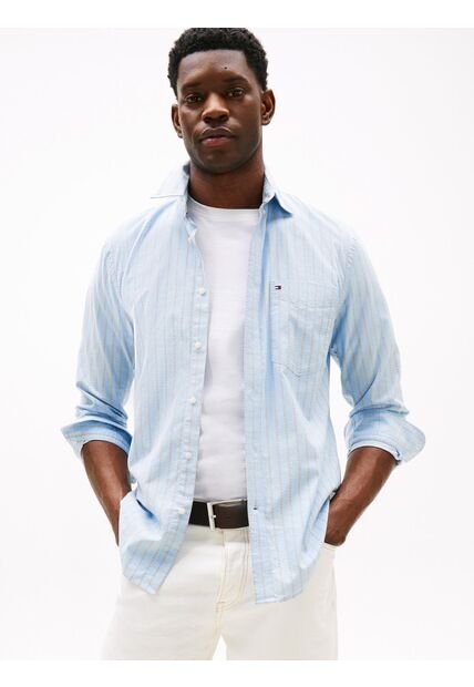 Camisa Azul Oxford De Rayas Y Corte Regular Tommy Hilfiger