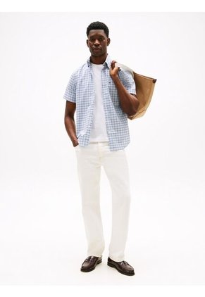 Camisa Celeste Oxford De Manga Corta Tommy Hilfiger